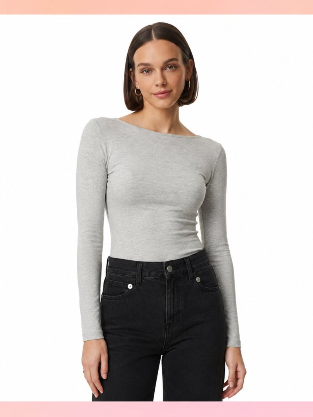 Free People Fitted Long Sleeve Deep-V Back Top/Bodysuit Gray Heather M/L